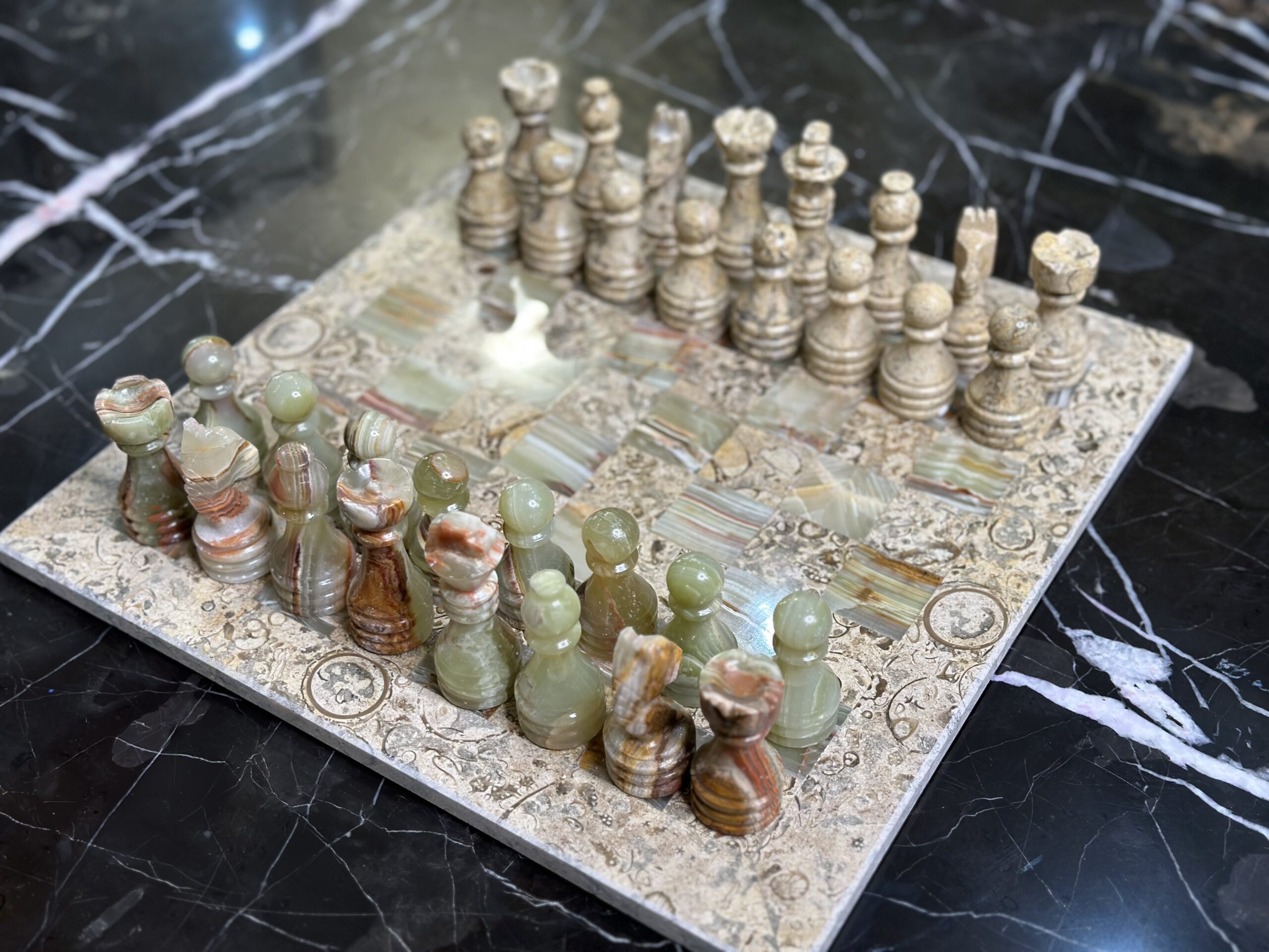 marble chess set coral green